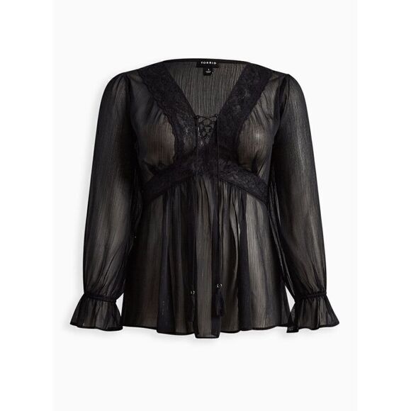 Torrid Black Babydoll Crinkle Lurex Chiffon Crochet Lace-Up Top 00 Medium - Picture 12 of 12
